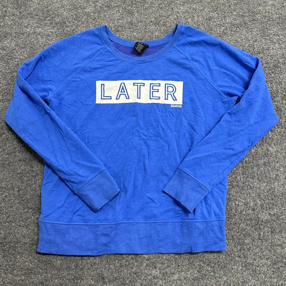 Reebok Sweatshirt Womens Size L Blue Viscose Later Hater Graphic Raglan Pullover